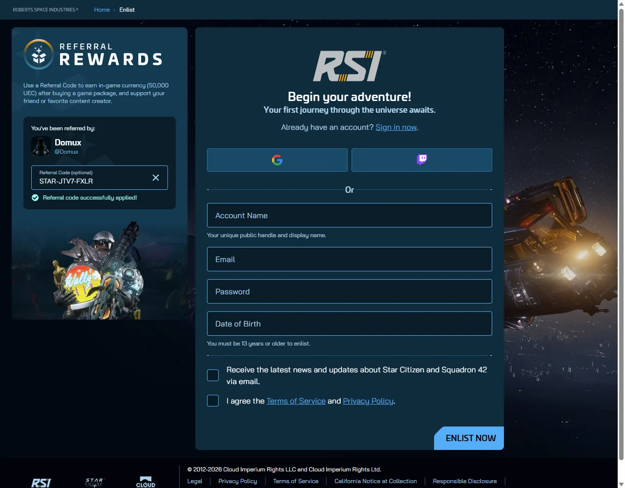 The full RSI enlist page: Referral Rewards panel with the code applied on the left, and the Account Name, Email, Password, Date of Birth and Enlist Now form on the right.